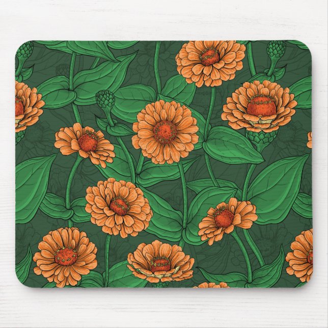 Orange Zinnia flowers, green leaves on dark green Mouse Mat (Front)