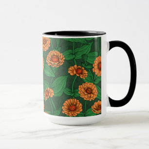Orange Zinnia flowers, green leaves on dark green Mug