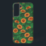 Orange Zinnia flowers, green leaves on dark green Samsung Galaxy Case<br><div class="desc">Hand- painted zinnia flowers vector pattern</div>