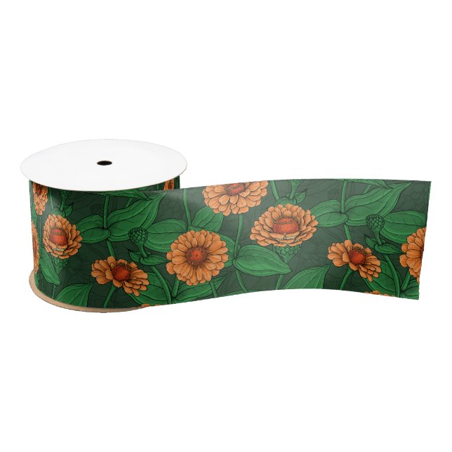 Orange Zinnia flowers, green leaves on dark green Satin Ribbon (Spool)