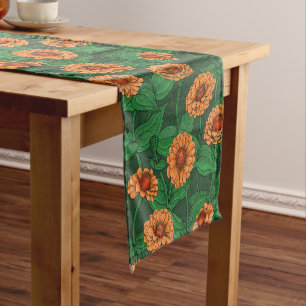Orange Zinnia flowers, green leaves on dark green Short Table Runner