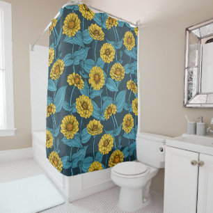 Orange Zinnia flowers, green leaves on dark green Shower Curtain