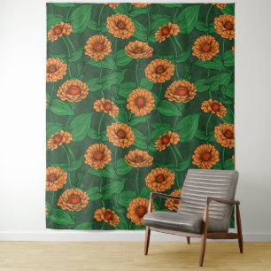Orange Zinnia flowers, green leaves on dark green Tapestry