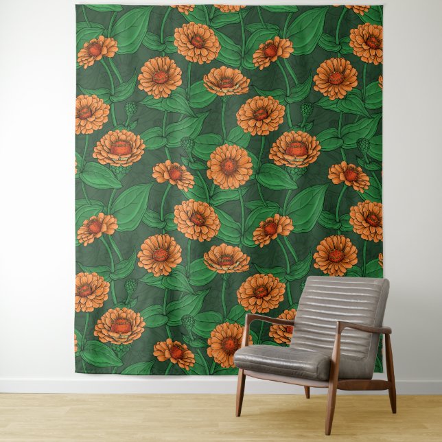 Orange Zinnia flowers, green leaves on dark green Tapestry (In Situ)