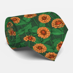 Orange Zinnia flowers, green leaves on dark green Tie