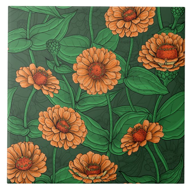 Orange Zinnia flowers, green leaves on dark green Tile (Front)