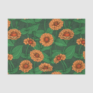 Orange Zinnia flowers, green leaves on dark green Tissue Paper