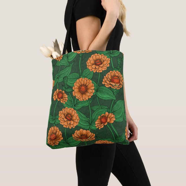 Orange Zinnia flowers, green leaves on dark green Tote Bag (Close Up)