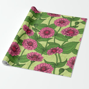 Orange Zinnia flowers, green leaves on dark green Wrapping Paper