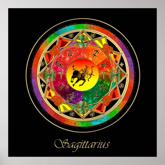 Orange Zodiac Sign Sagittarius Mandala Poster (Front)