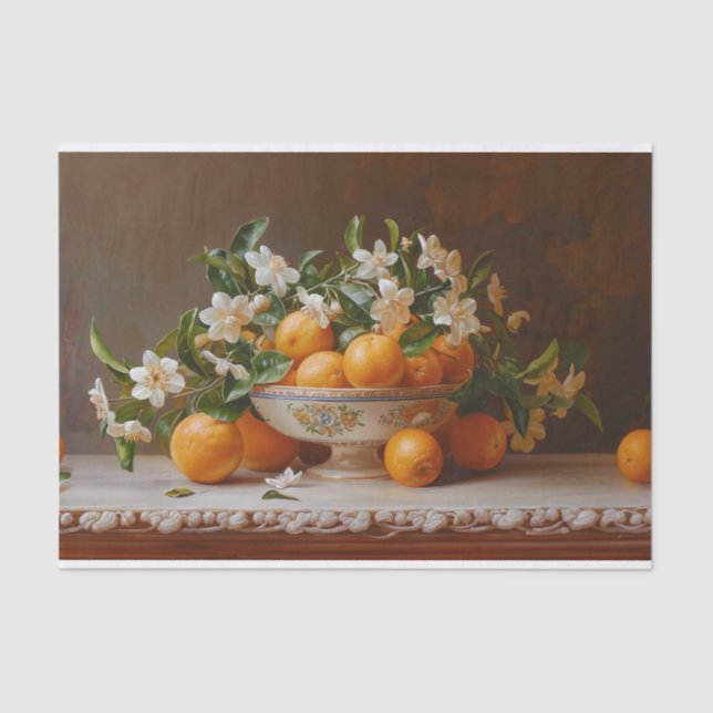Oranges and Blossoms Still Life Painting Decoupage Tissue Paper (Front)