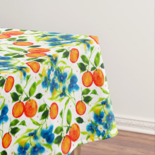 Oranges and Blue Floral Watercolor Citrus Tablecloth