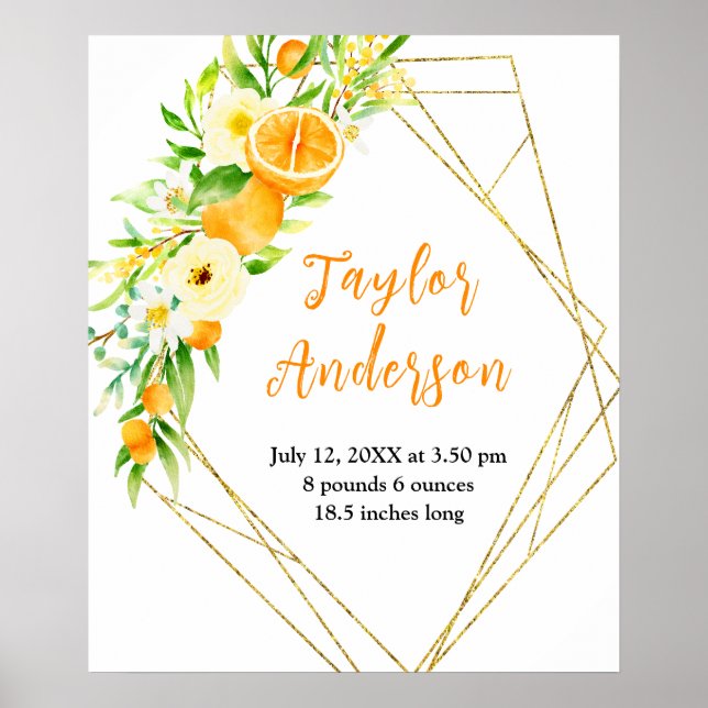 Oranges and Foliage Baby Birth Stats Poster (Front)