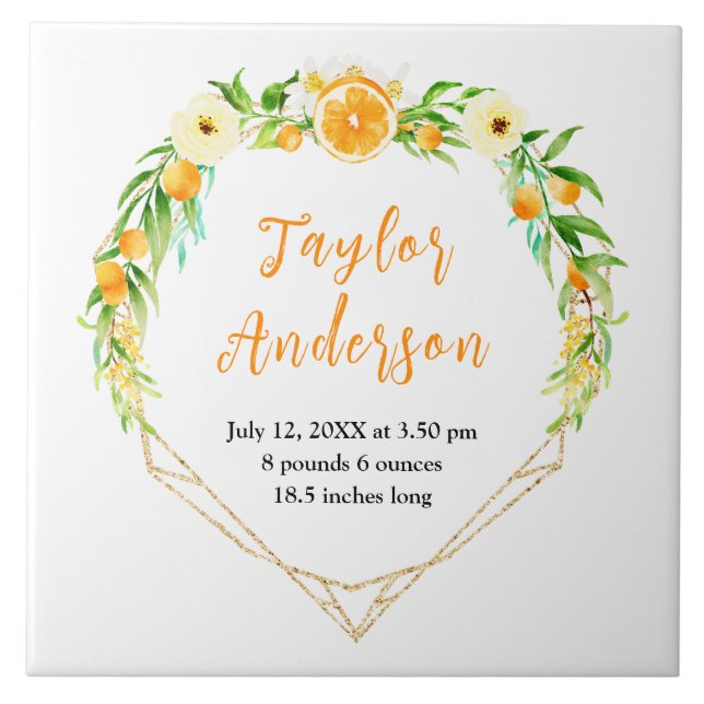 Oranges and Foliage Baby Birth Stats Tile (Front)