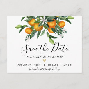 Oranges and greenery save the date postcard