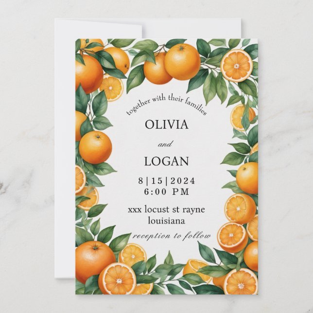 Oranges And Leaves ,Vibrant Orange Wedding  Invitation (Front)