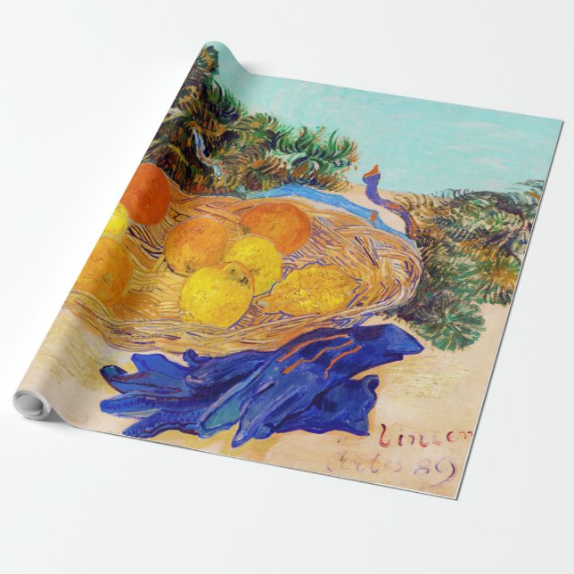 Oranges and Lemons with Blue Gloves, Van Gogh Wrapping Paper (Unrolled)