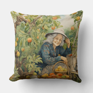 Oranges and peaches lady with grey hair and hat cushion