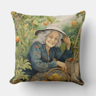 Oranges and peaches lady with grey hair and hat cushion
