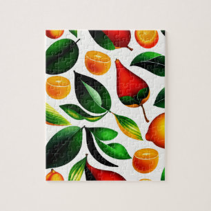 Oranges and Red Fruits Pattern With Green Plants Jigsaw Puzzle