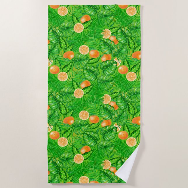 Oranges and tropical leaves beach towel (Front)