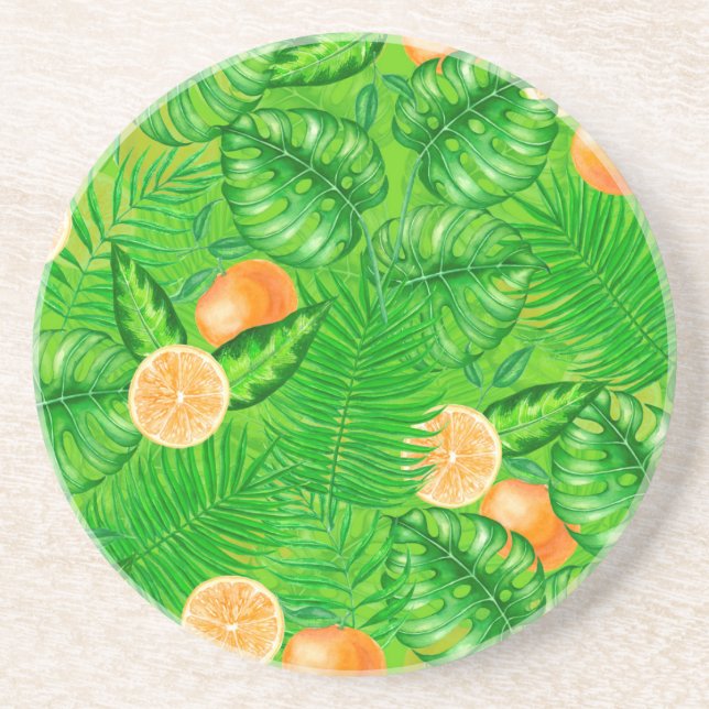 Oranges and tropical leaves coaster (Front)