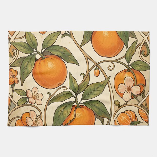 Oranges Art Nouveau Pattern Tea Towel (Horizontal)