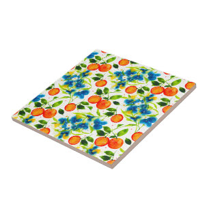 Oranges & Blue Blossoms Watercolor Art Tile