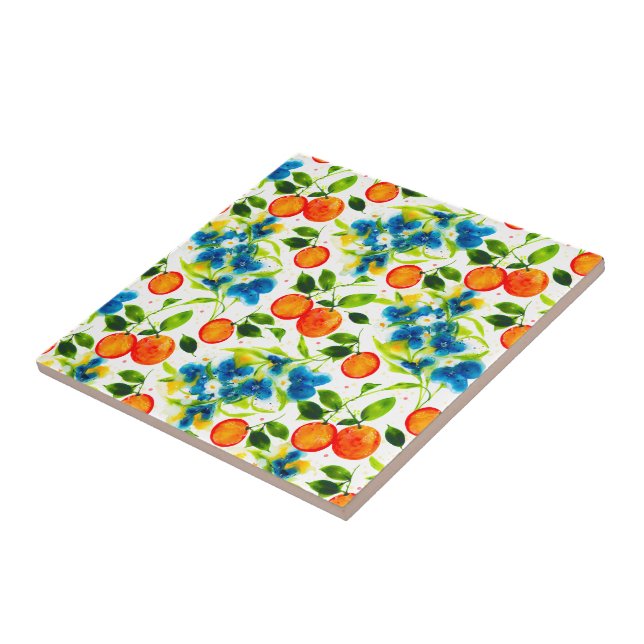 Oranges & Blue Blossoms Watercolor Art Tile (Side)