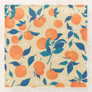 Oranges Branches: Beige Background Pattern Glass Coaster