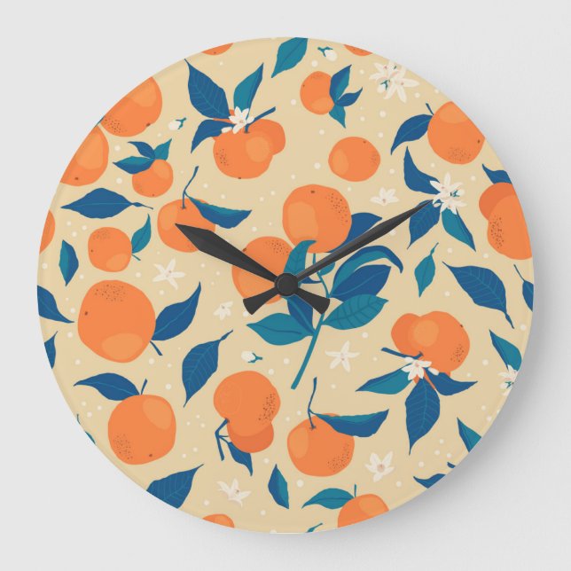 Oranges Branches: Beige Background Pattern Large Clock (Front)