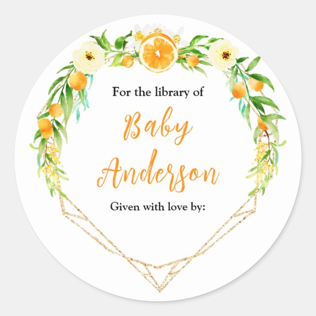Oranges Citrus Baby Shower Bookplate Classic Round Sticker (Front)