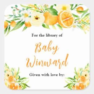 Oranges Citrus Baby Shower Bookplate Square Sticker