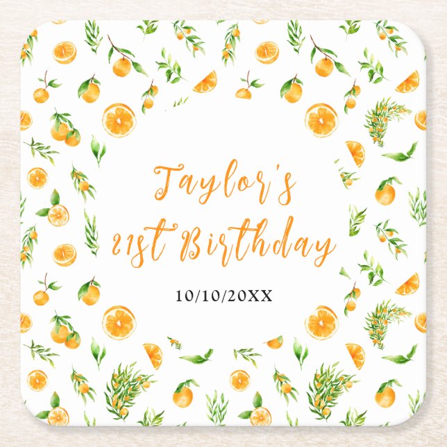 Oranges Citrus Birthday Party Square Paper Coaster (Front)