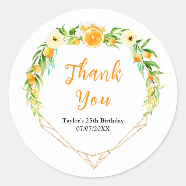 Oranges Citrus Birthday Party Thank You Classic Round Sticker (Front)