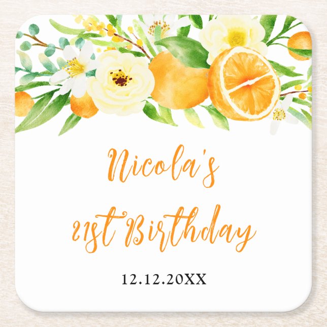 Oranges Citrus Birthday Square Paper Coaster (Front)
