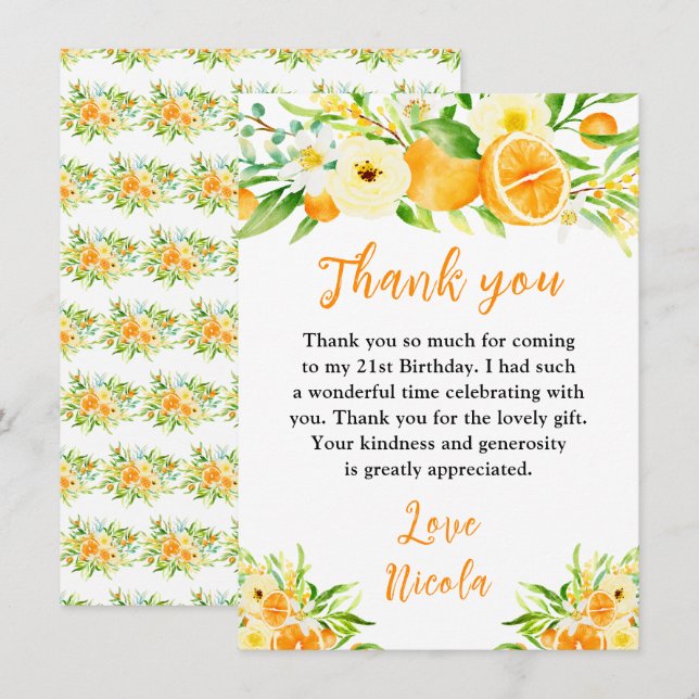 Oranges Citrus Birthday Thank You Card (Front/Back)