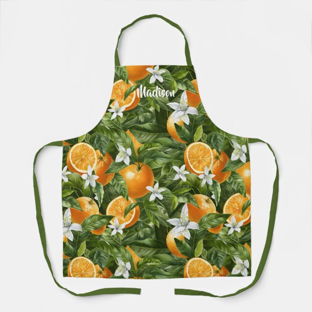 Oranges Citrus Blossoms Modern Personalised Name Apron (Front)
