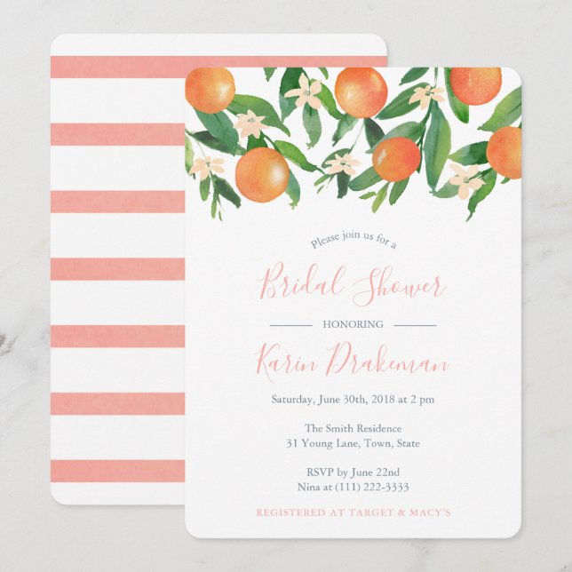 Oranges Citrus Fruit Coral Pink Bridal Shower Invitation (Front/Back)