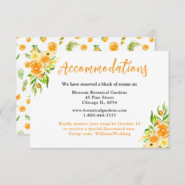Oranges Citrus Wedding Accommodations Enclosure Card (Front/Back)