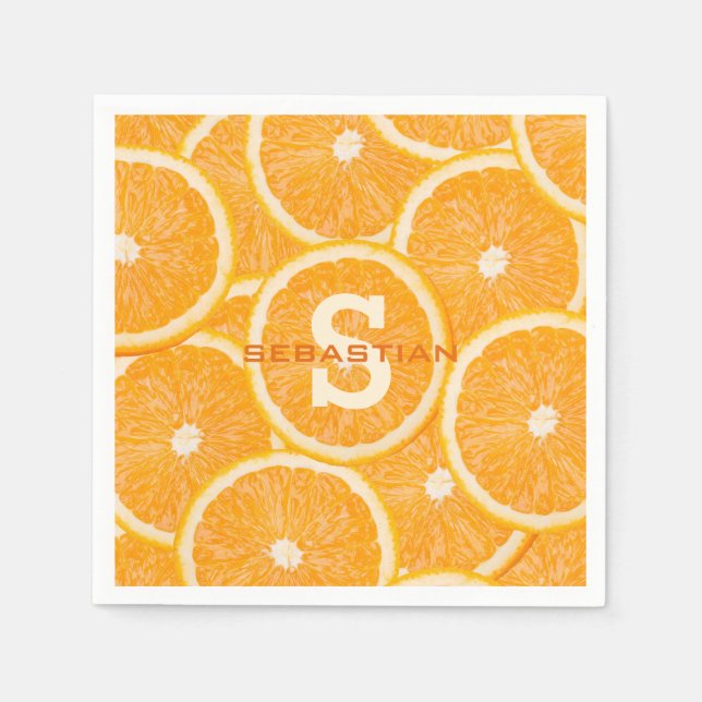 Oranges custom monogram paper napkins (Front)