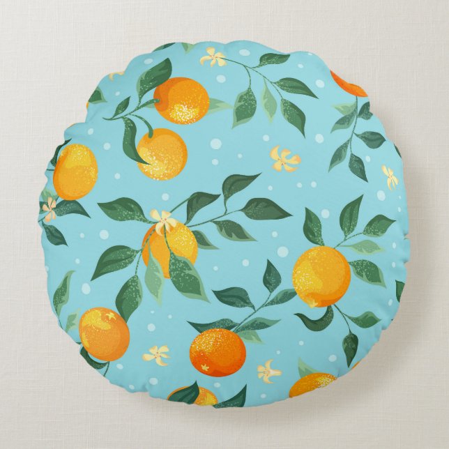 Oranges, flowers: textile seamless pattern. round cushion (Front)