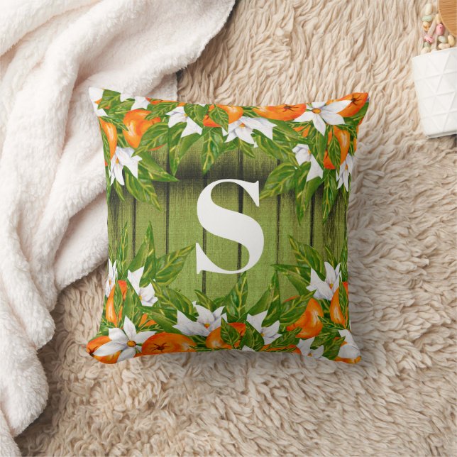 Oranges Fruit Country Autumn Green Wood Monogram Cushion (Blanket)