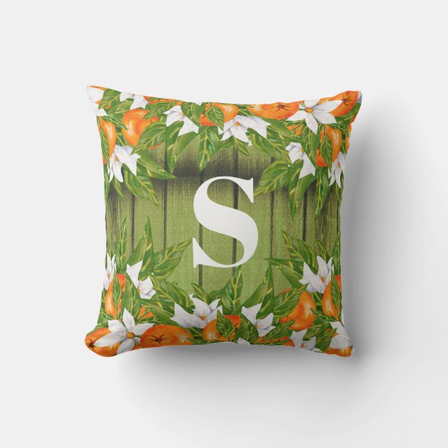 Oranges Fruit Country Autumn Green Wood Monogram Cushion (Front)