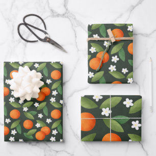 Oranges, Green Leaves and White Flowers Pattern Wrapping Paper Sheet