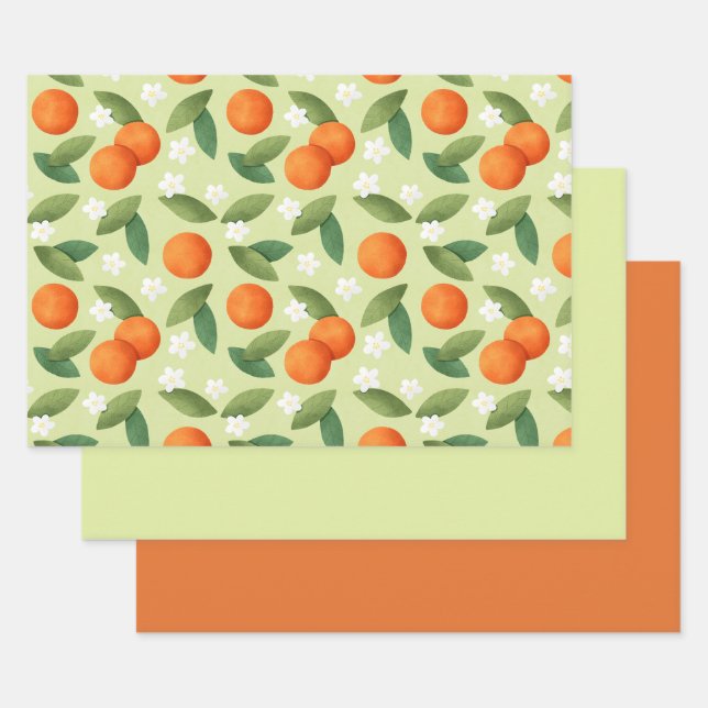 Oranges, Green Leaves and White Flowers Pattern Wrapping Paper Sheet (Set)