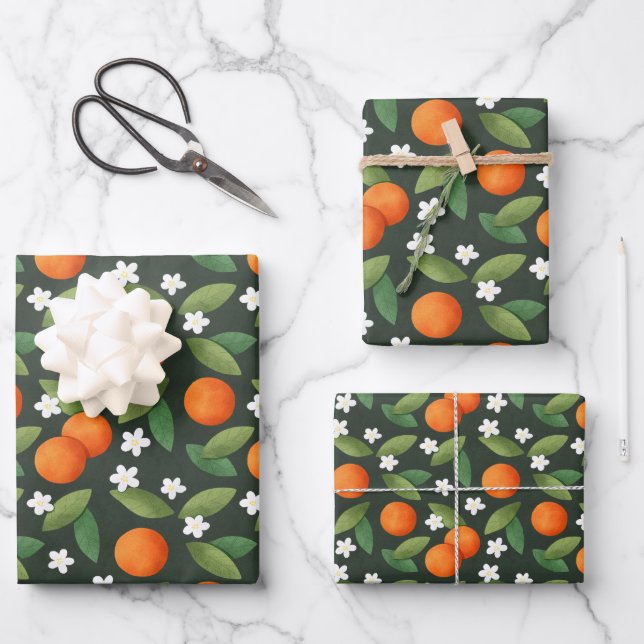 Oranges, Green Leaves and White Flowers Pattern Wrapping Paper Sheet (Front)
