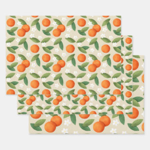 Oranges, Green Leaves and White Flowers Pattern Wrapping Paper Sheet