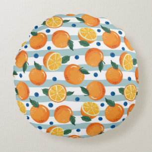 Oranges on striped background, summer pattern. round cushion