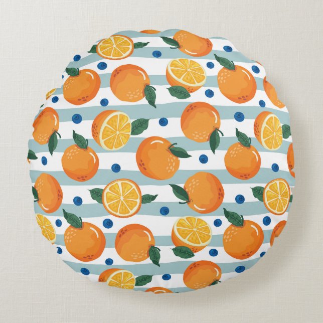 Oranges on striped background, summer pattern. round cushion (Front)